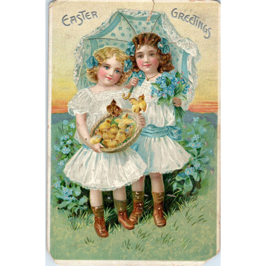 Antique Raphael Tuck Postcard Easter Greetings Little Girls Basket of Chicks SE4