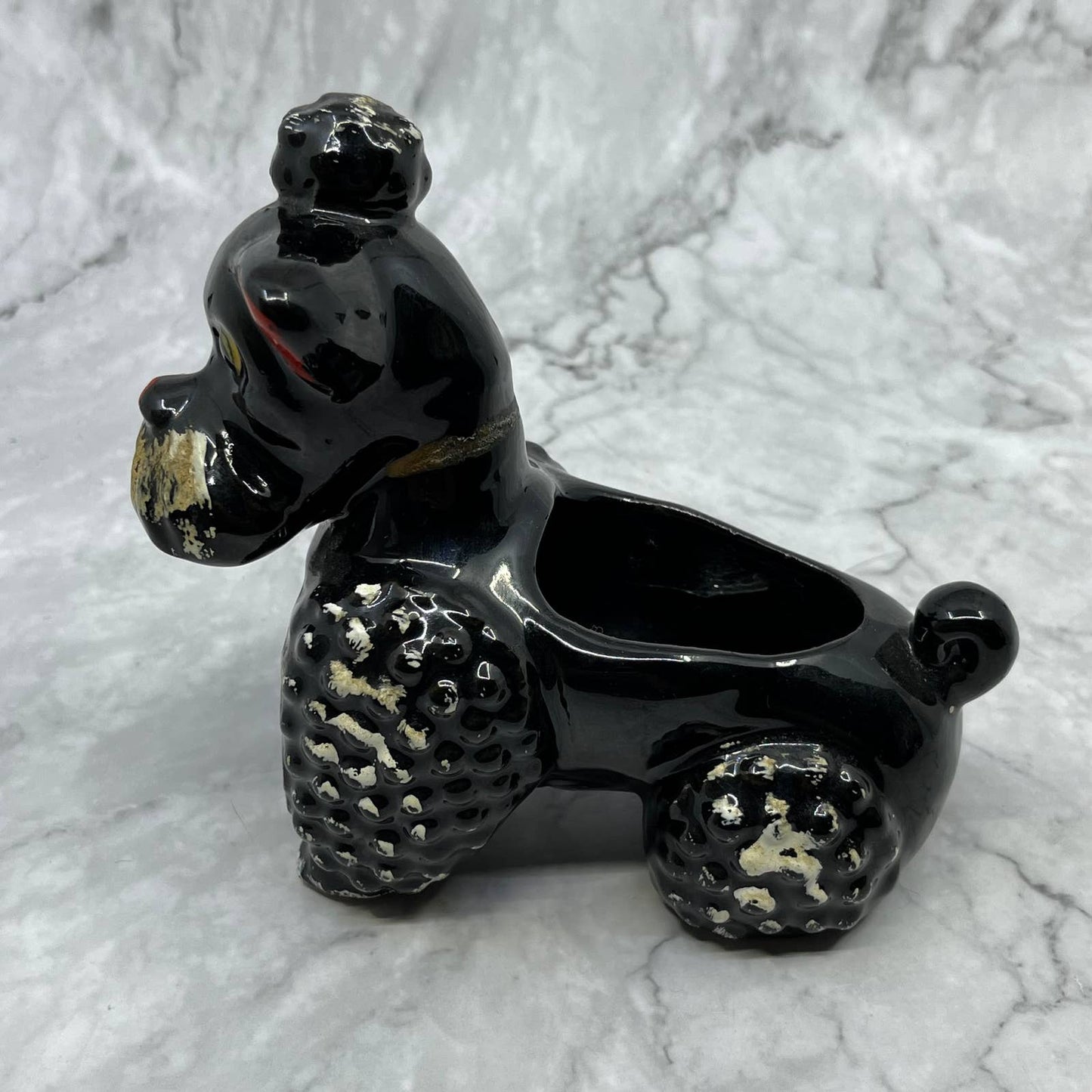 1950s Black Poodle Dog Planter Ceramic Redware Black And White 6x6.5 TJ1