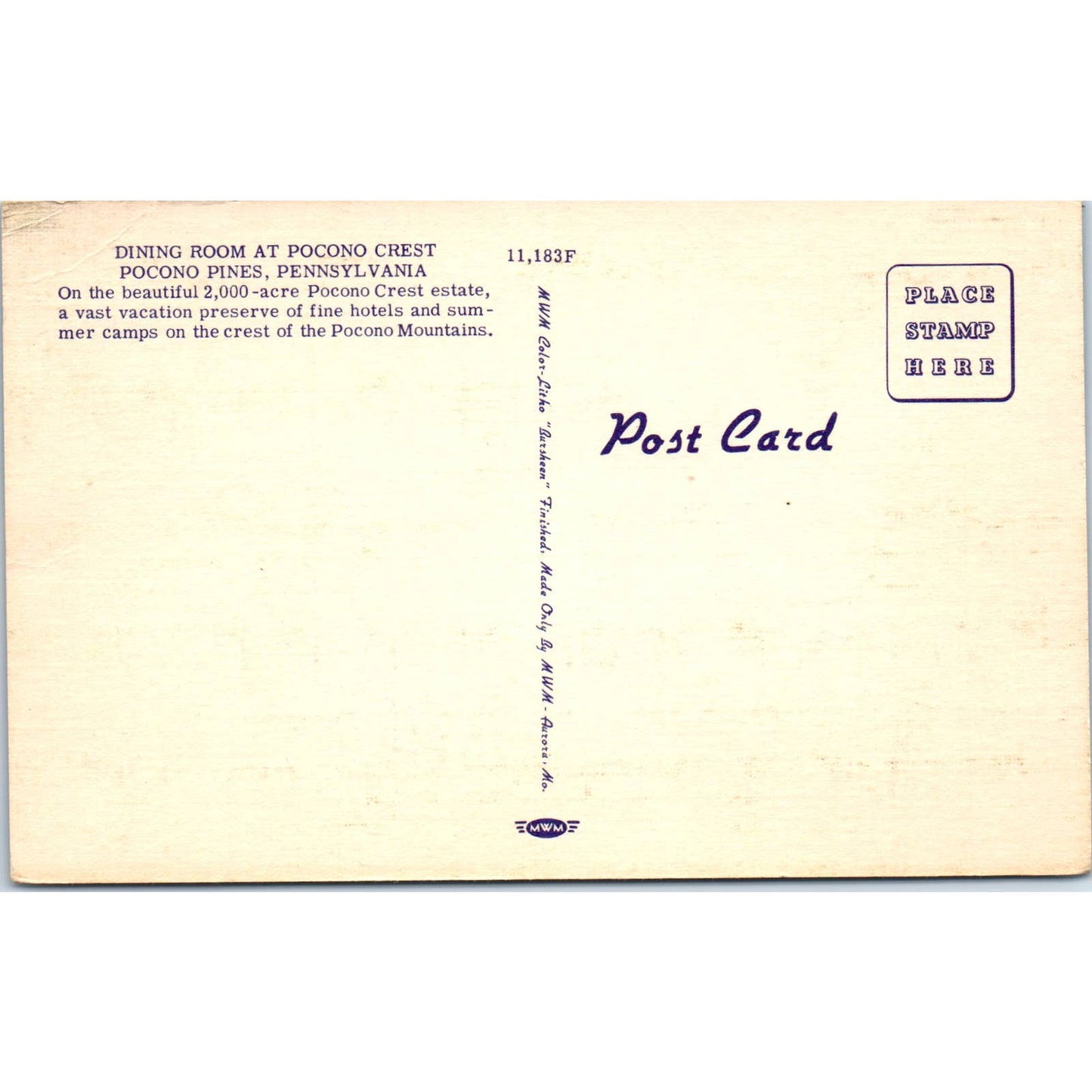 Vintage Postcard Dining Room at Pocono Crest, Pocono Pines PA TD8-P2