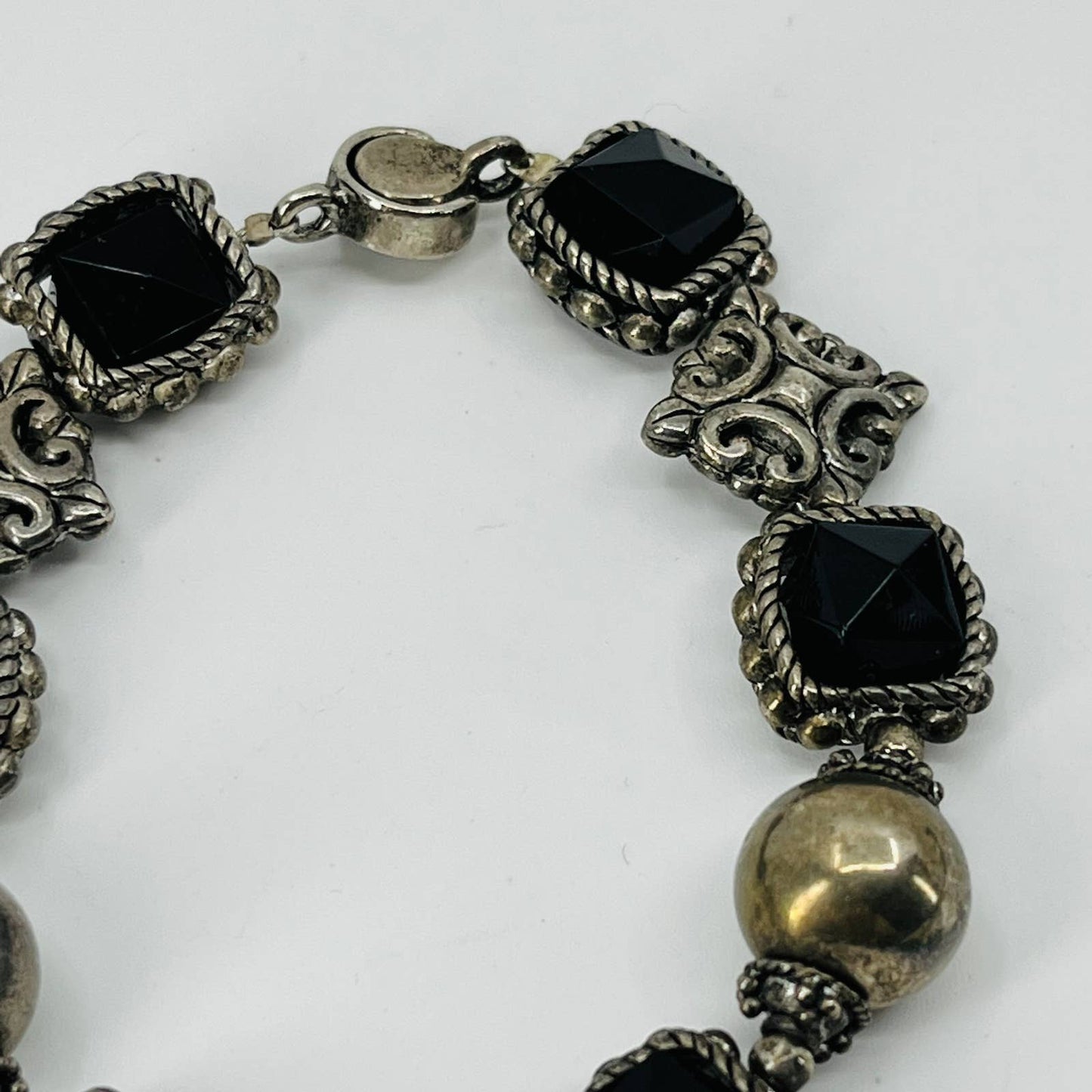 Vintage Boho Bracelet Metal With Black Faceted Acrylic Beads SB2