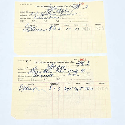 1913 Southern Cotton Oil Company Letterhead Receipt Allendale SC Set of 2 AC3-3