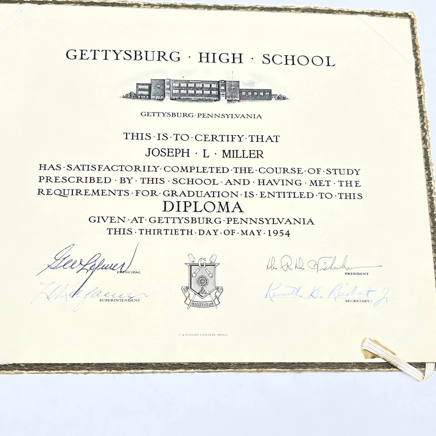 1954 Gettysburg High School Diploma Joseph L. Miller Pennsylvania TF5