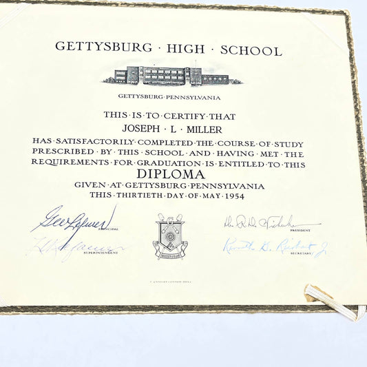 1954 Gettysburg High School Diploma Joseph L. Miller Pennsylvania TF5