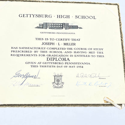 1954 Gettysburg High School Diploma Joseph L. Miller Pennsylvania L4-3