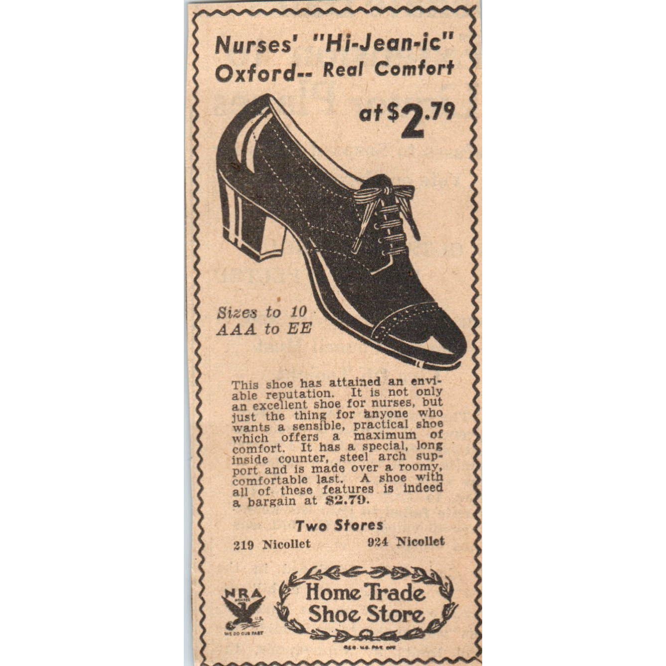 1935 Mpls Newspaper Ad Home Trade Shoe Store Nurses' Hi-Jean-ic Oxford FL5-4