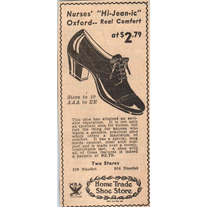 1935 Mpls Newspaper Ad Home Trade Shoe Store Nurses' Hi-Jean-ic Oxford FL5-4