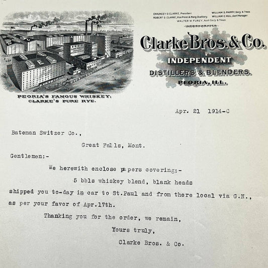 1914 Clarke Bros. & Co. Distillers & Blenders Letterhead Peoria IL AB5