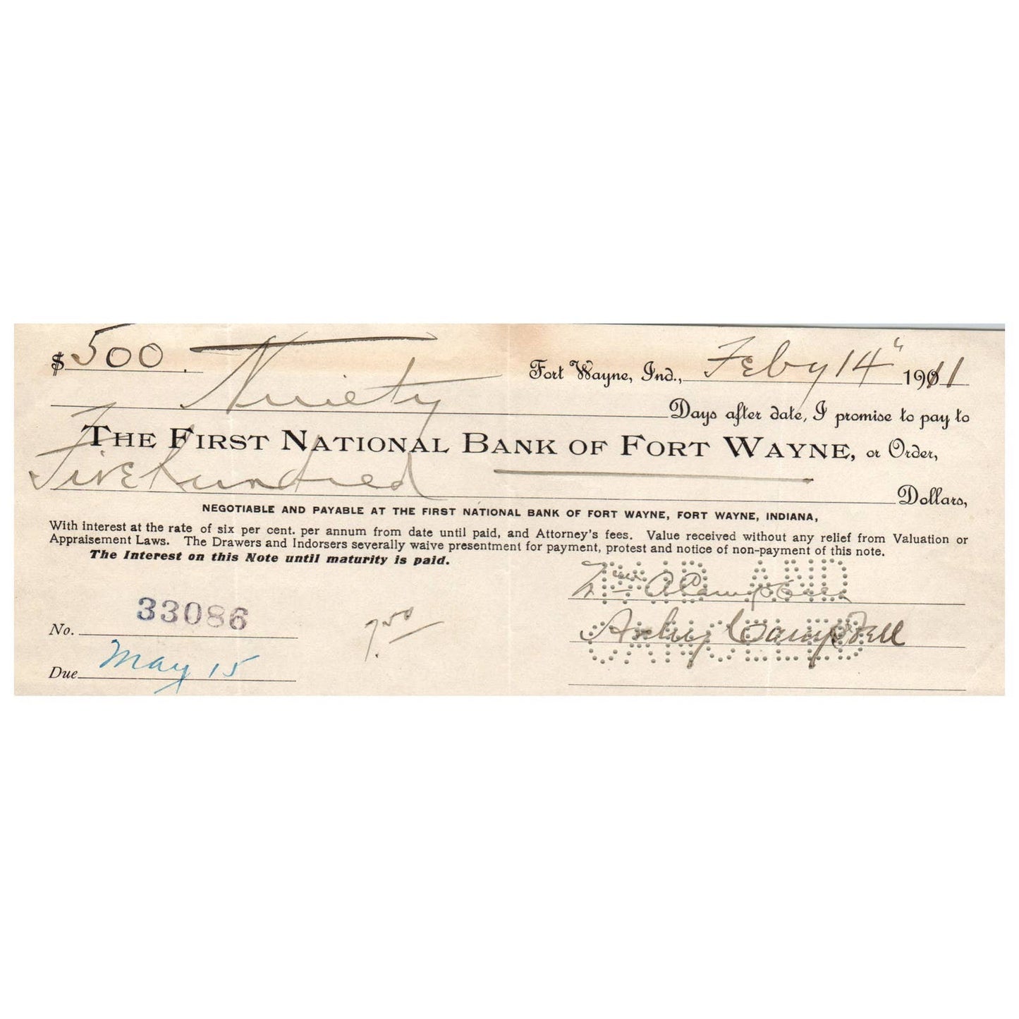 1911 First National Bank of Fort Wayne Indiana Bank Check AD8-2