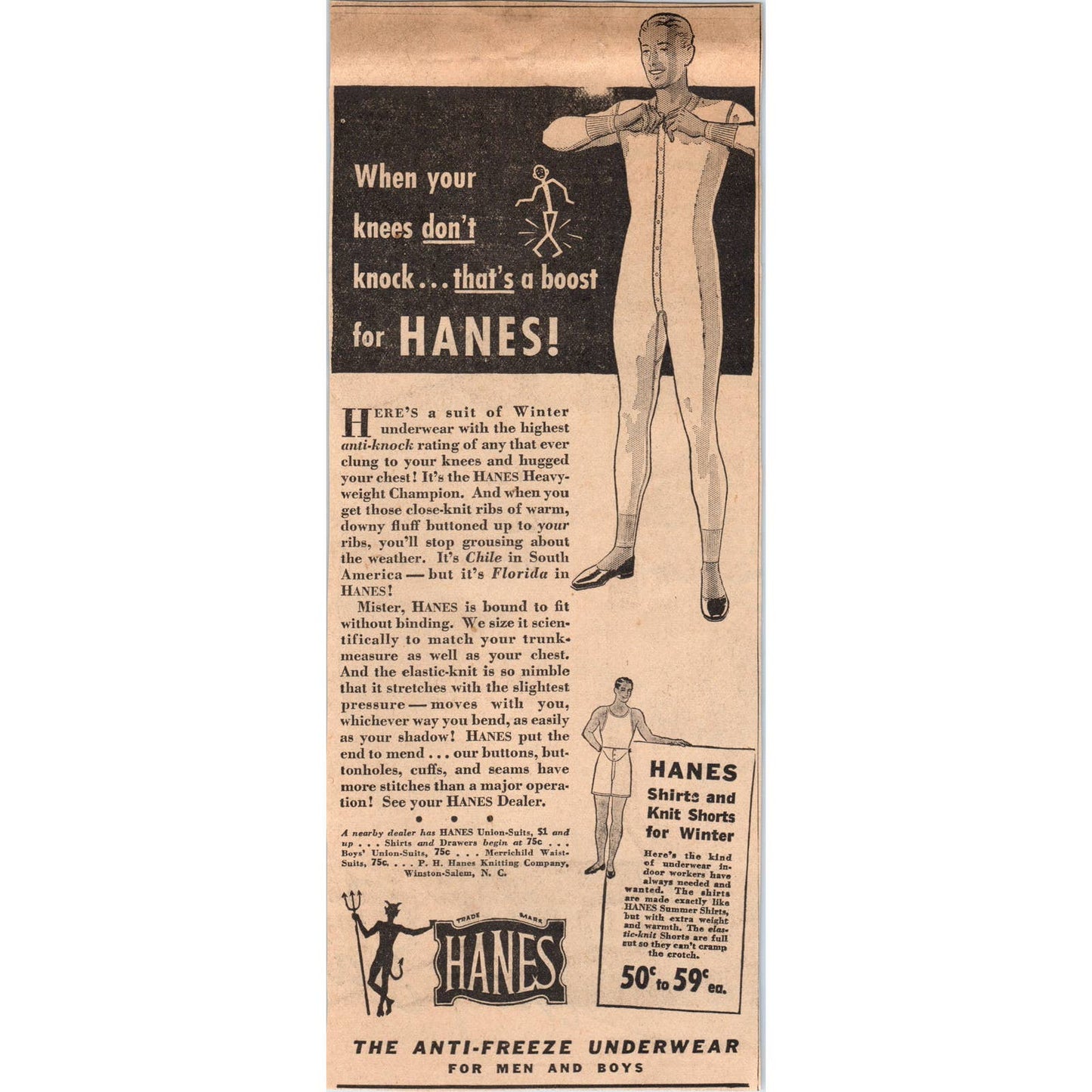 1935 Mpls Journal Newspaper Ad Hanes Devil Men's Anti-Freeze Underwear FL5-3