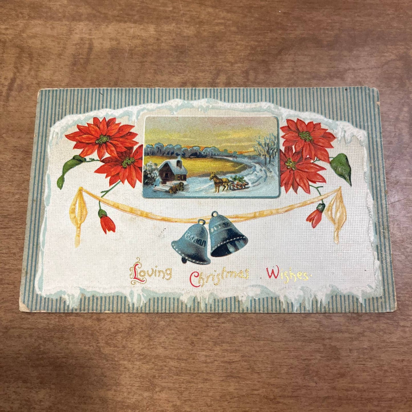 c1910 Embossed Poinsettia Country Horses Loving Christmas Wishes Postcard PA2
