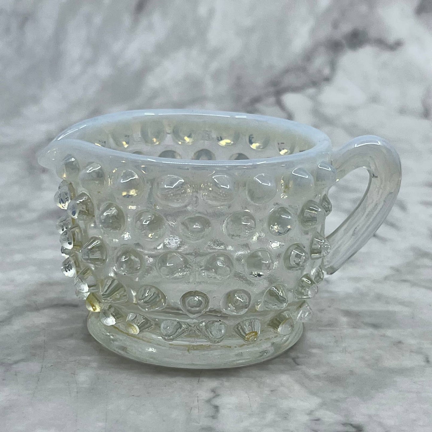 Vintage Fenton glass CREAMER Moonstone white opalescent hobnail luminous 2” TB6