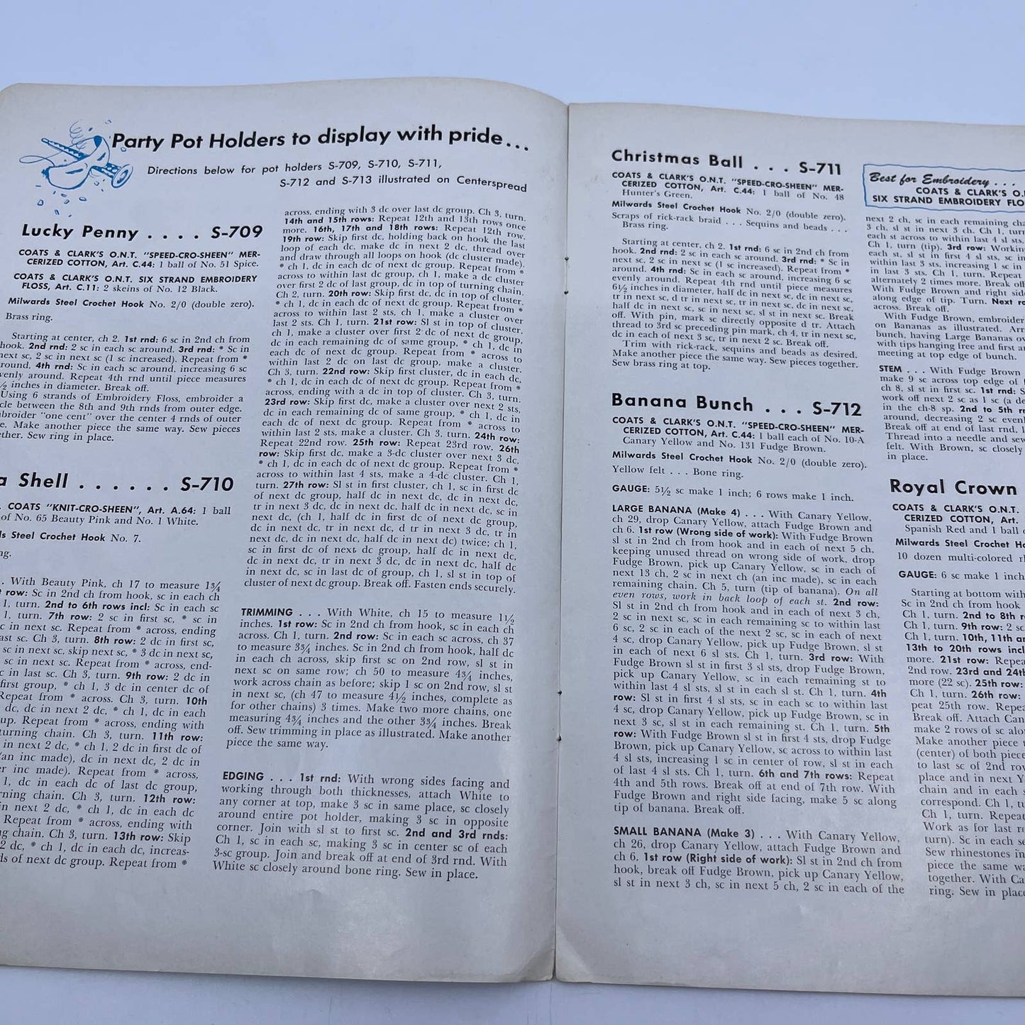 1955 Coats & Clark's Crochet pattern Book #312 Anthropomorphic Potholders TH7