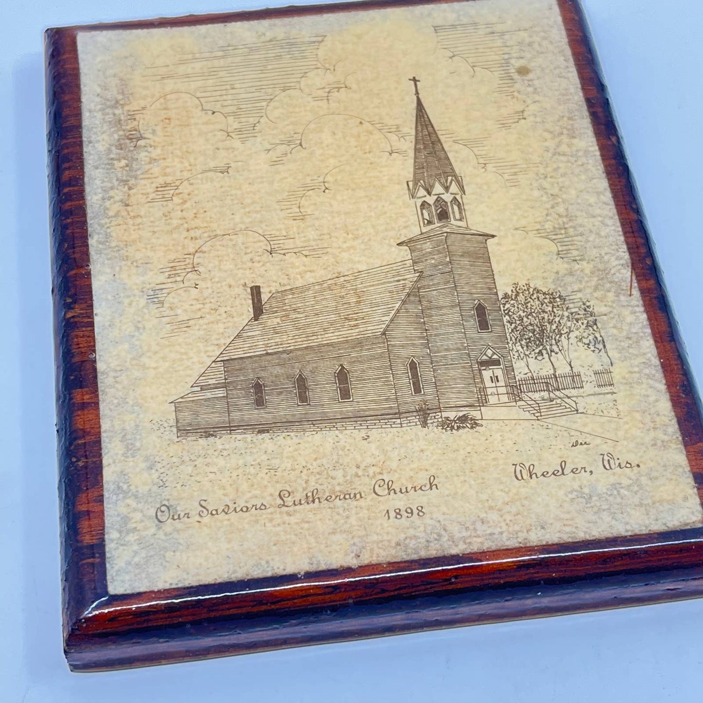 Vintage Decoupage Sketch 1898 Our Saviors Lutheran Church Wheeler Wisconsin TE6