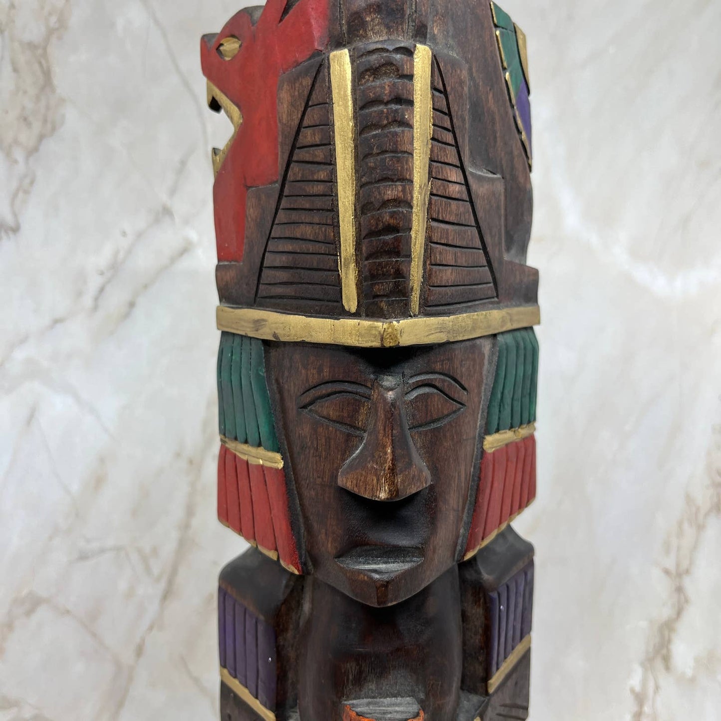 Hand Carved Hand Painted Wooden Aztec Mayan Totem Pole Sculpture 14” TI7