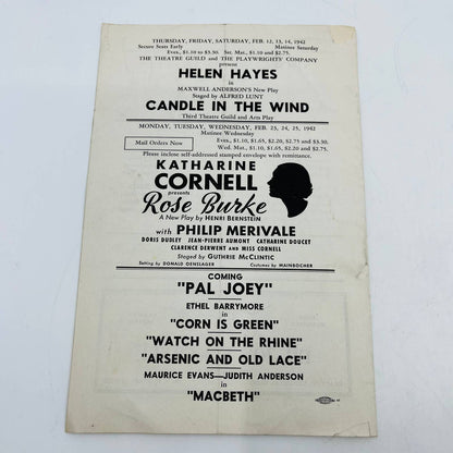 1942 English Theatre Playbill CANDLE IN THE WIND Evansville Indianapolis C4