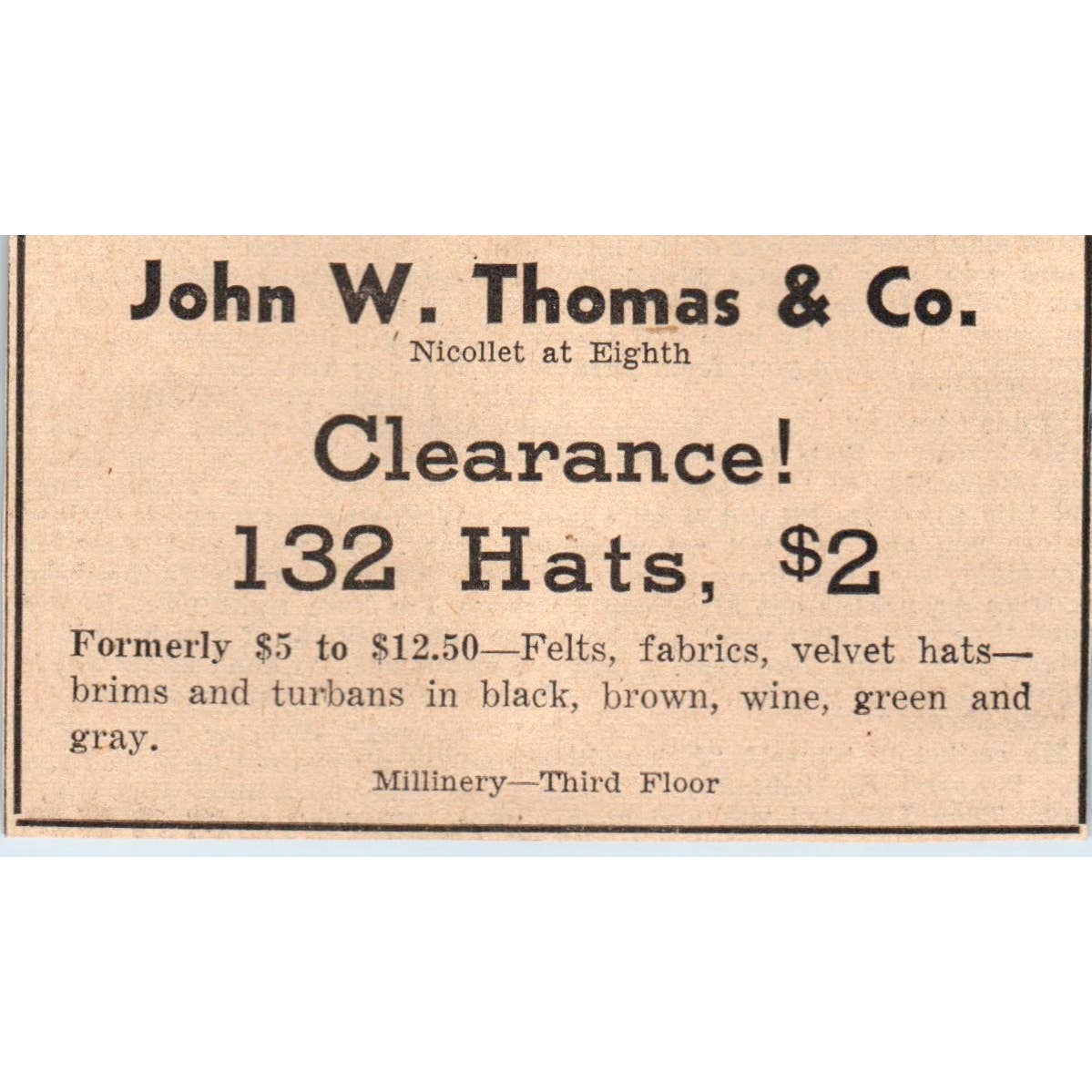 1935 Minneapolis Journal Newspaper Ad John W. Thomas Hat Clearance FL5-6