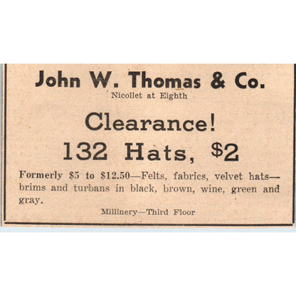 1935 Minneapolis Journal Newspaper Ad John W. Thomas Hat Clearance FL5-6
