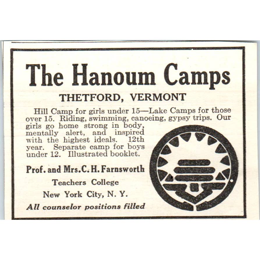 c1920 Harper's Magazine Ad - The Hanoum Camps Thetford VT C.H. Farnsworth EA3-1