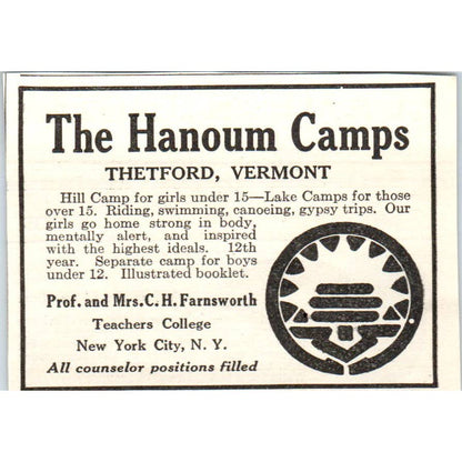 c1920 Harper's Magazine Ad - The Hanoum Camps Thetford VT C.H. Farnsworth EA3-1