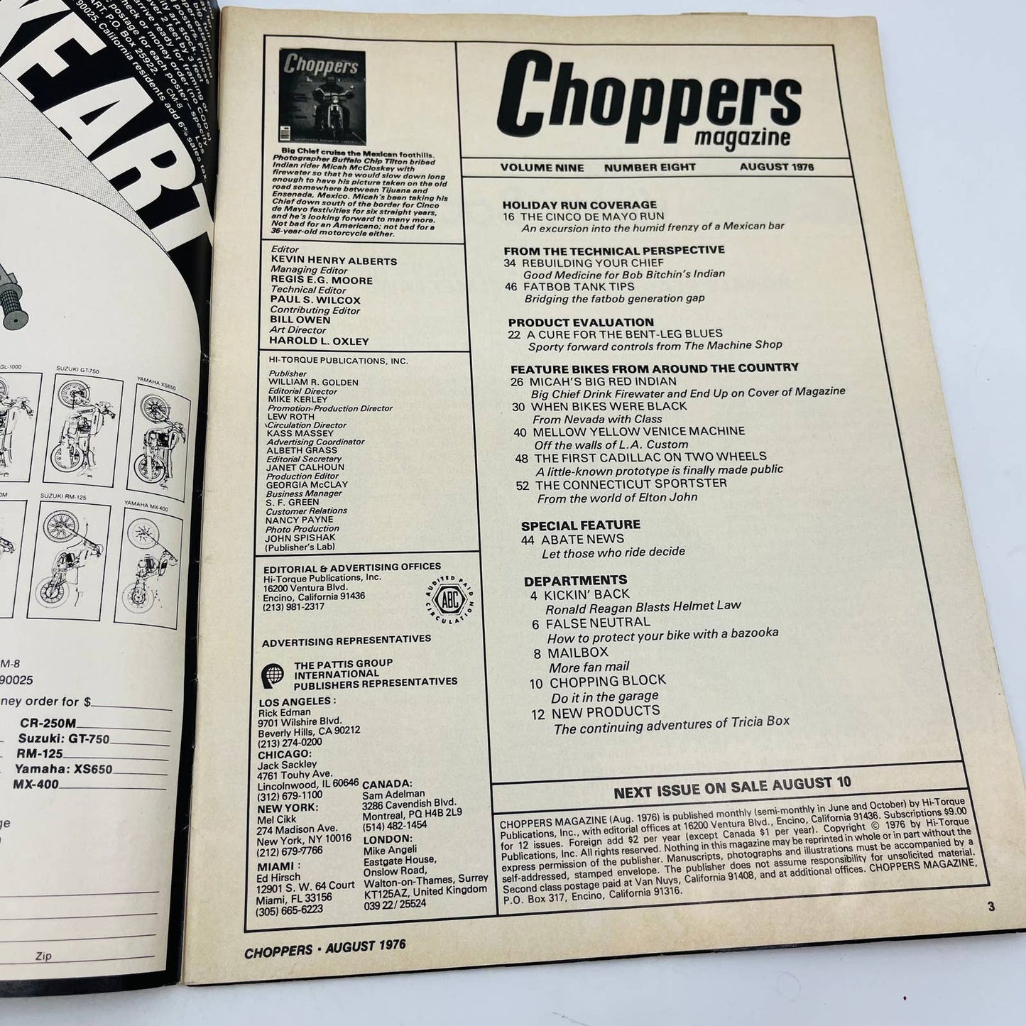 1976 Choppers Magazine Aug. Fat Bob Tank Ensenada Indian Motorcycles  FL2