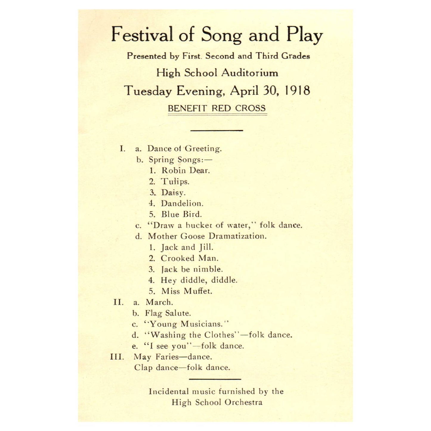 1918 Kendallville IN Elementary School Festival of Song and Play Program SF3-5