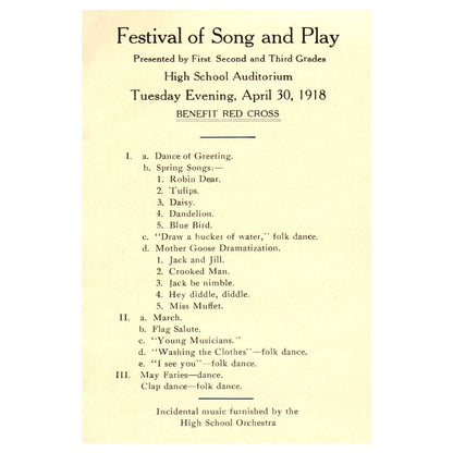1918 Kendallville IN Elementary School Festival of Song and Play Program SF3-5