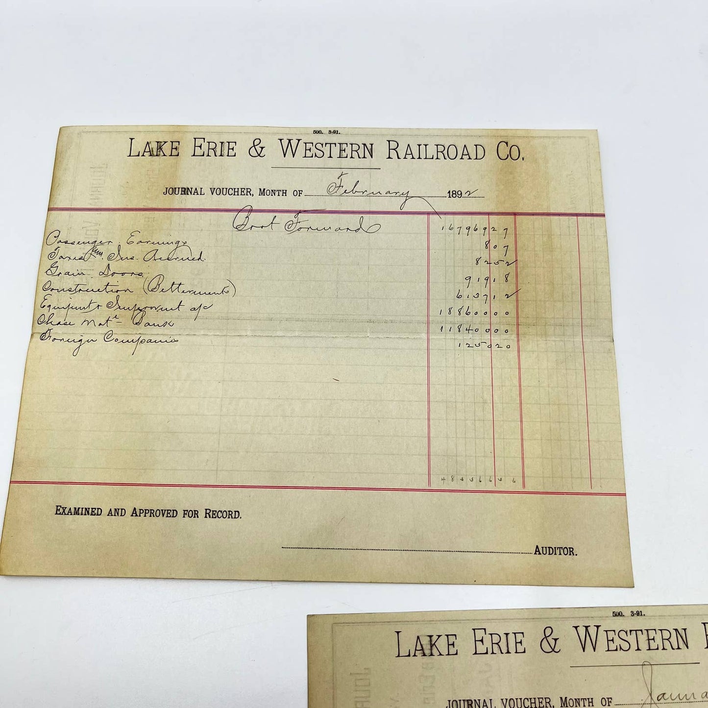 1892 Lake Erie & Western Railroad Co. Journal Voucher RR Lot of 2 AB1-1