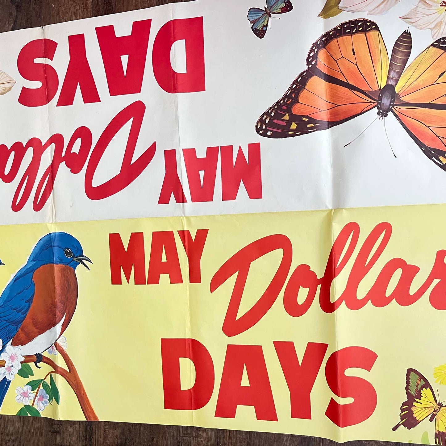1960s HUGE Fold Out Sign Poster “May Dollar Days” Bluebird Butterfly 57x41 FL1