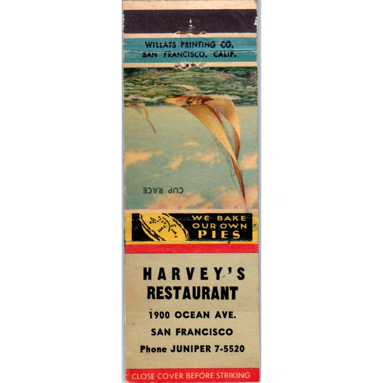 Harvey's Restaurant San Francisco Cup Race Sailboat Advertising Matchbook SA9-M8