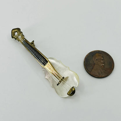 1930s Mother of Pearl Violin Pin Gold Tone Brooch SB2