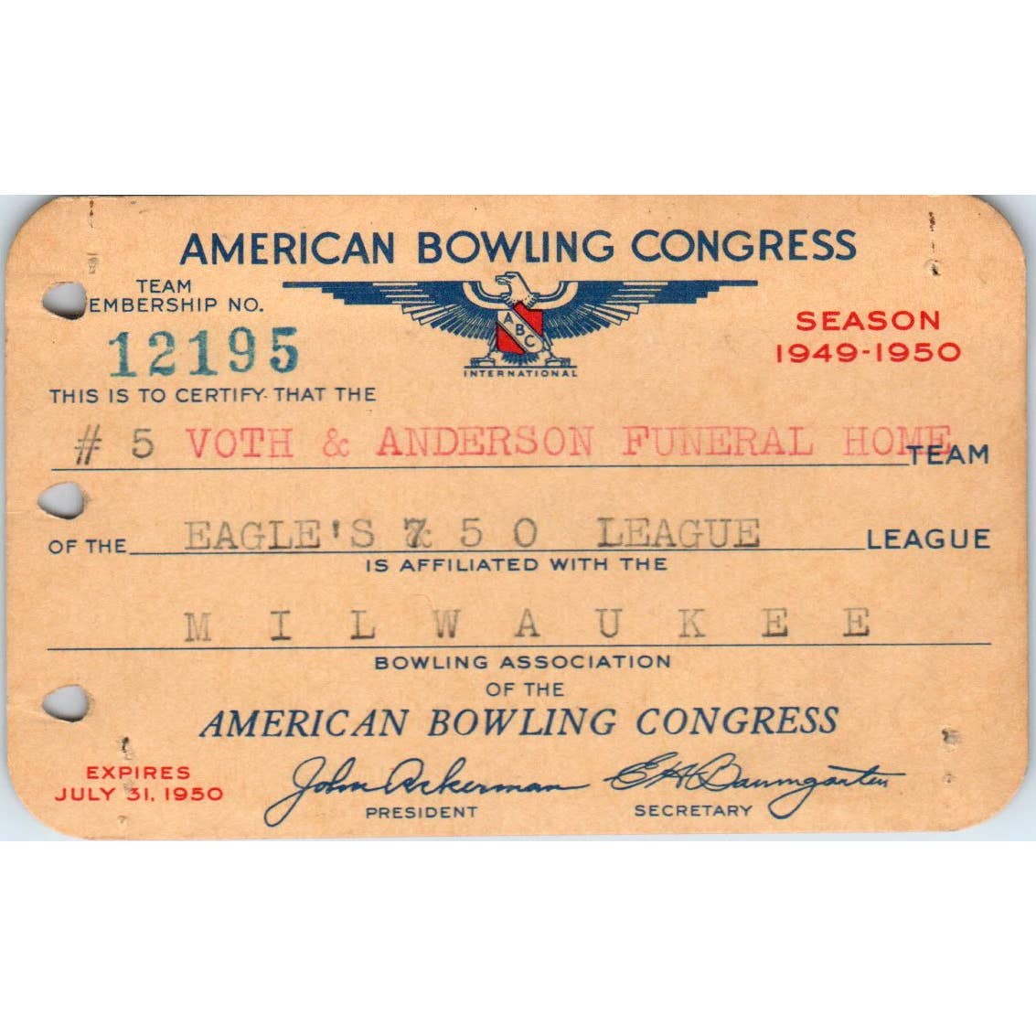 1949 American Bowling Congress Milwaukee Membership Card Eagles 750 SE5-19