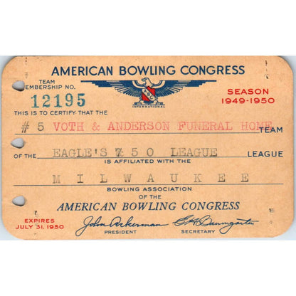 1949 American Bowling Congress Milwaukee Membership Card Eagles 750 SE5-19