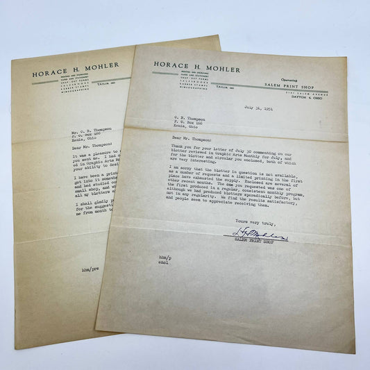 1951 Letterhead Salem Print Shop Horace H. Mohler Dayton Ohio Set of 2 AB2