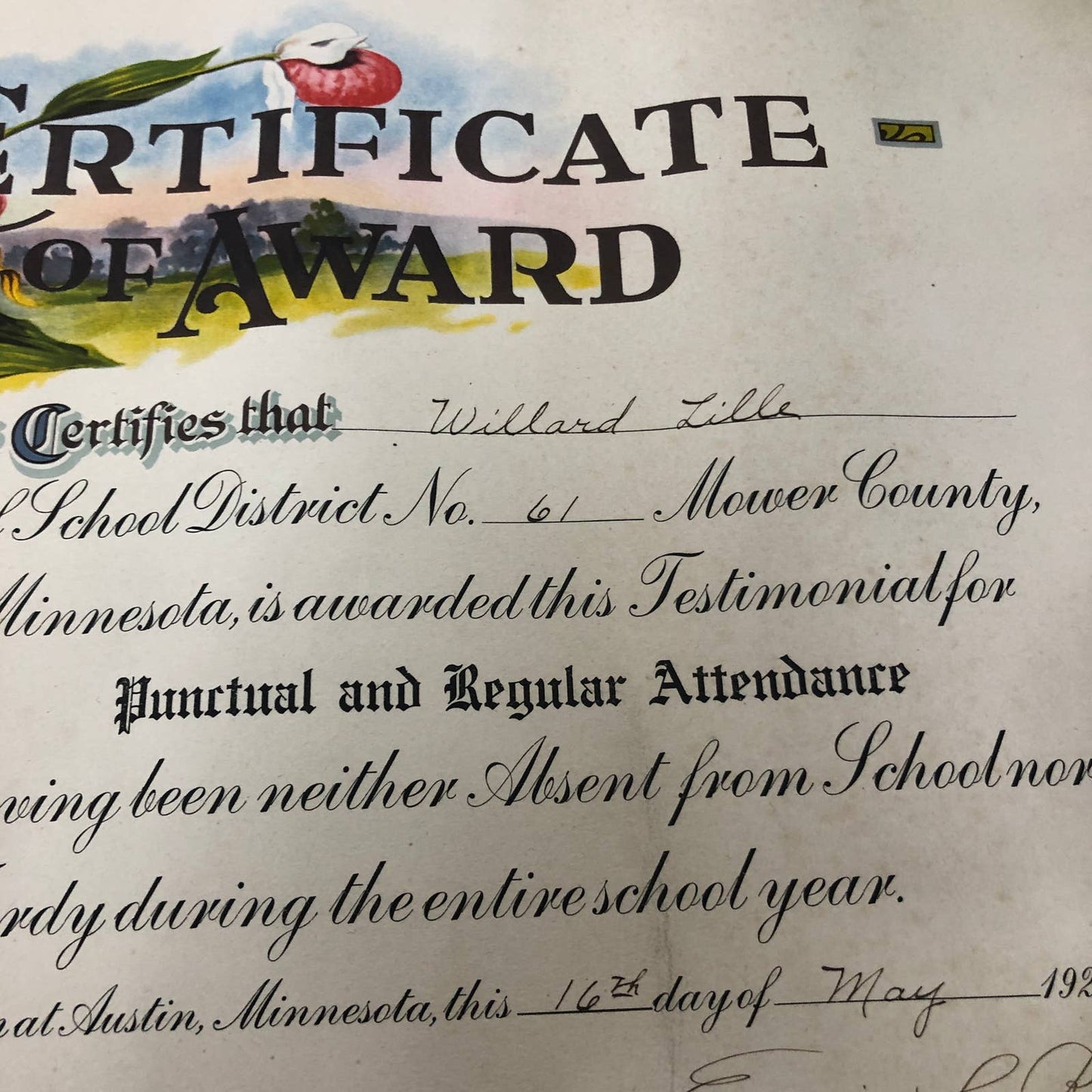 1922 Neither Absent Nor Tardy Certificate of Award Willard Lillie Austin MN