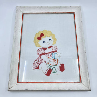 Vintage Original Framed Crewel Cross Stitch Art Little Girl Mary Deiss 16x13 TF5