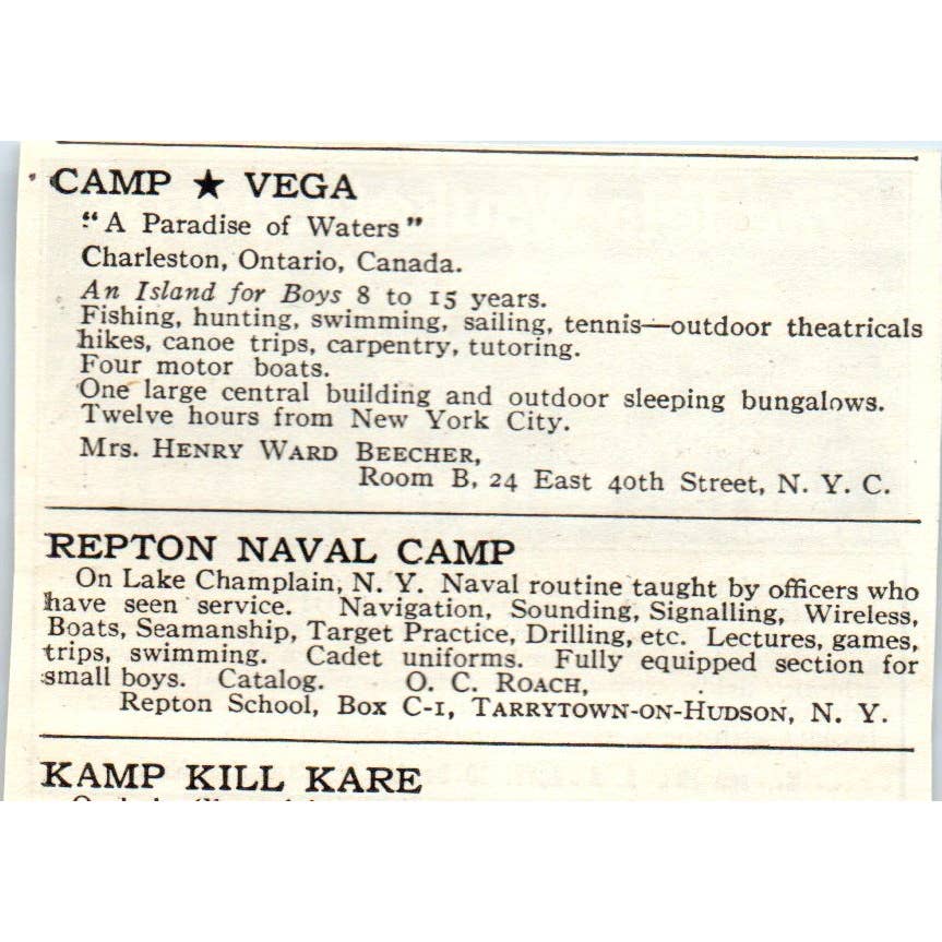 c1920 Harper's Magazine Ad - The Tela-Wauket Camps C.A. Roy Cambridge MA EA3