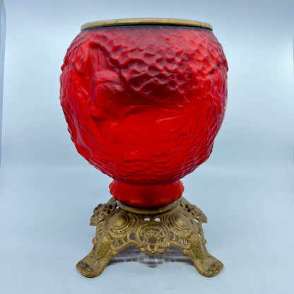 Antique Red Satin Glass and Brass Gone With the Wind Lamp Base LB1