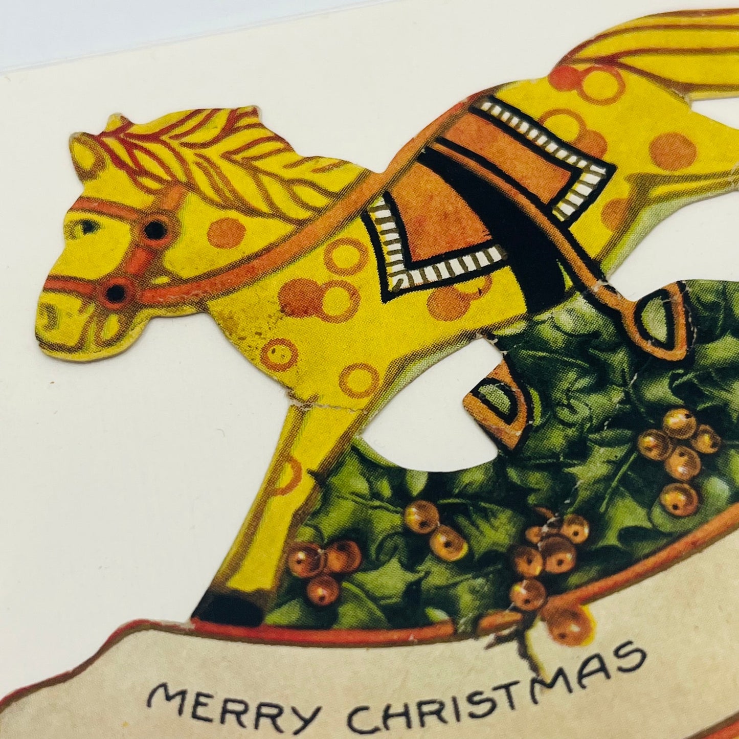 Antique Victorian Die Cut Christmas Card Rocking Horse Holly Berries AH9-M9