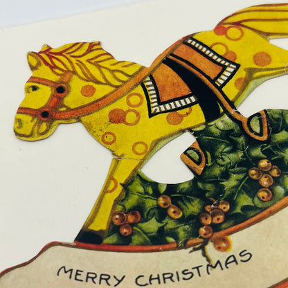 Antique Victorian Die Cut Christmas Card Rocking Horse Holly Berries AH9-M9