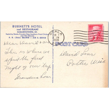Burnett's Hotel Elizabethtown Ky A.R. Brown Joe E. Shuck - Postcard TJ7-RP2