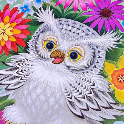 1973 Kitschy Donald Art Co. Owl & Flowers Lithograph K Chin 9 x 12” FL3