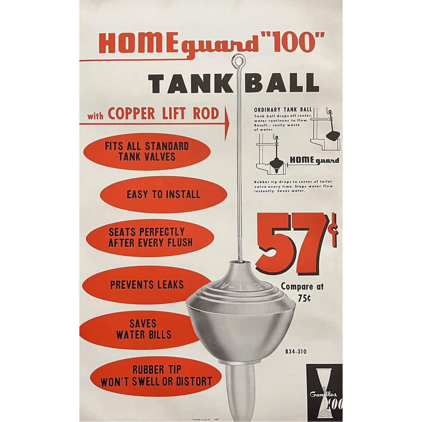 1960 Home Guard 100 Toilet Tank Ball Gambles 100 Store Display Poster 13.5x20