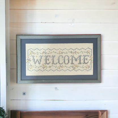 Retro Framed Original Mixed Media Wall Art WELCOME Sign Blue Paint, Fabric 19x11