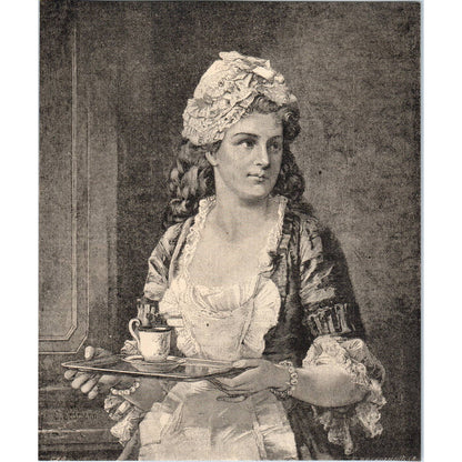 1885 Engraving Victorian Servant Lady Carrying Cup of Tea 6x7.5" AD4