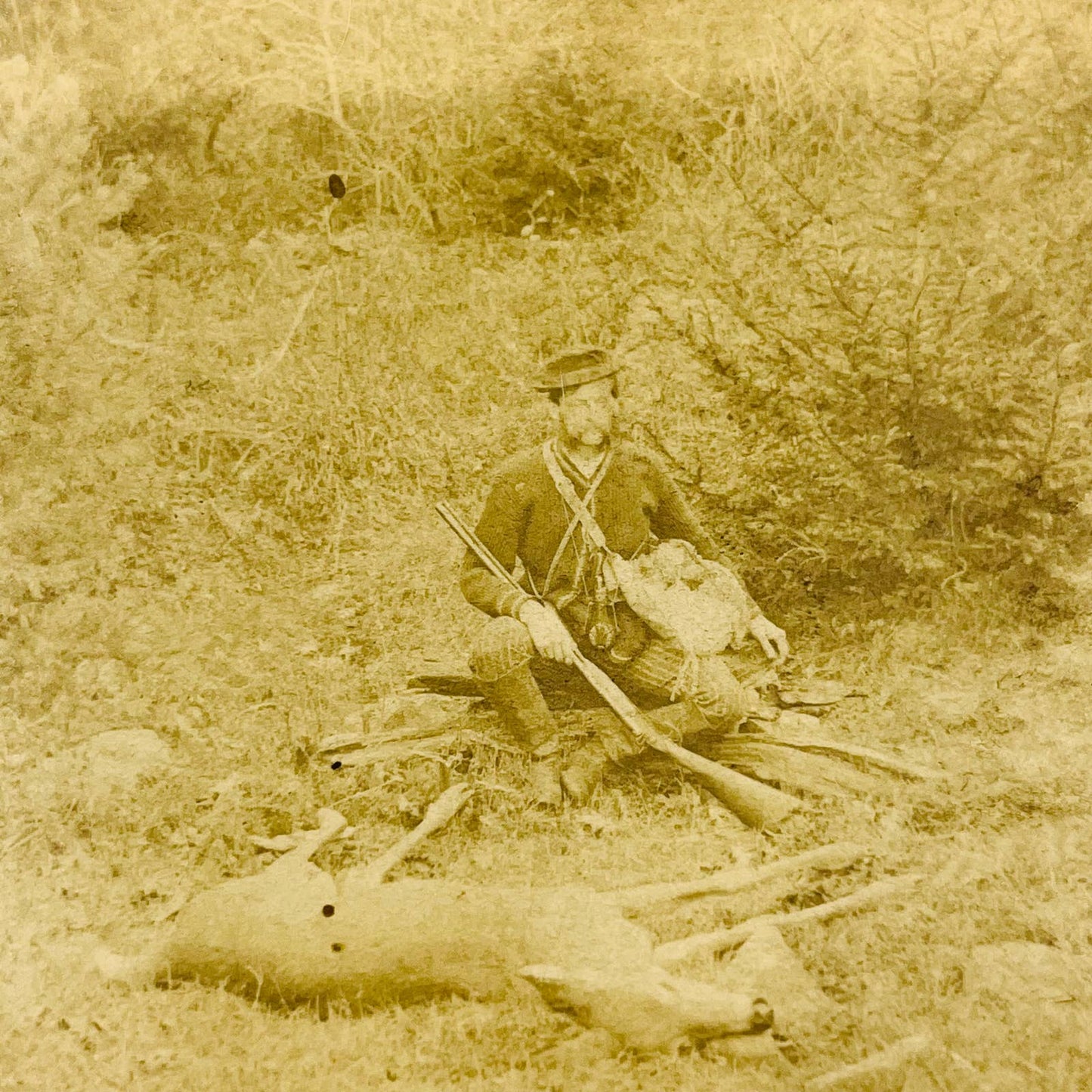 1875 Stereoview Card Victorian Deer Hunter With Rifle Standing Over Deer SB8