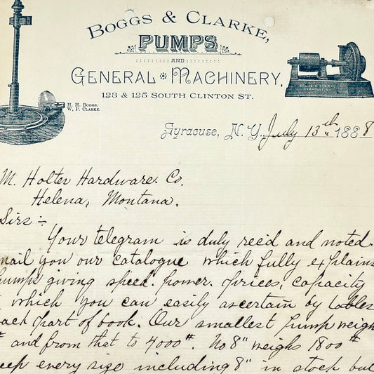 1888 Boggs & Clarke Pumps & General Machinery Letterhead Syracuse NY AB5