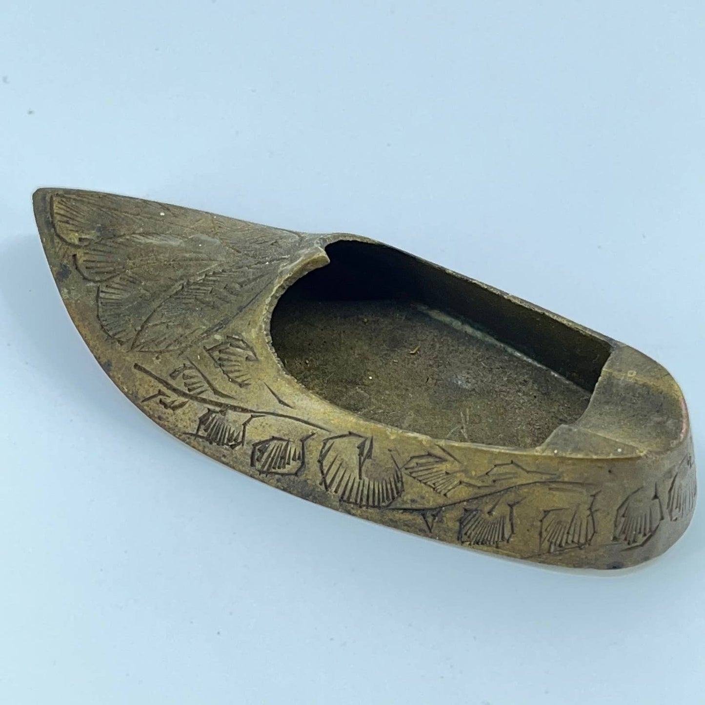 Vintage Brass Etched Shoe Ash Tray Incense Burner India 4” SD1