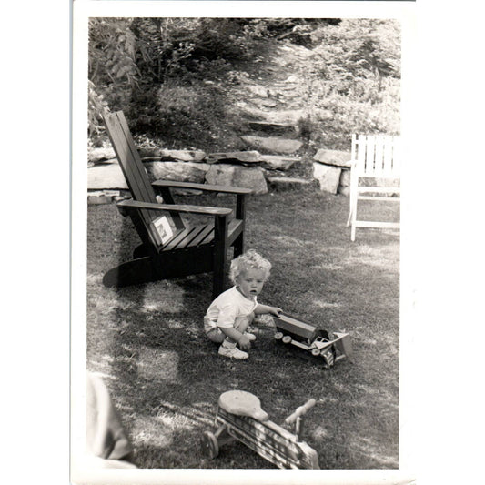 1940's Photograph Little Boy Playing with Toy Truck & Baby Flyer Toy Car 5x7 SE5