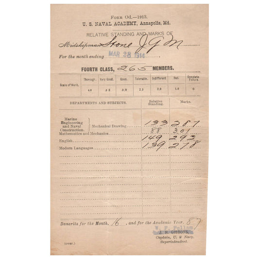 1914 Mar WWI Era US Naval Academy Midshipman JGM Stone Report Card WF Fullam AC9