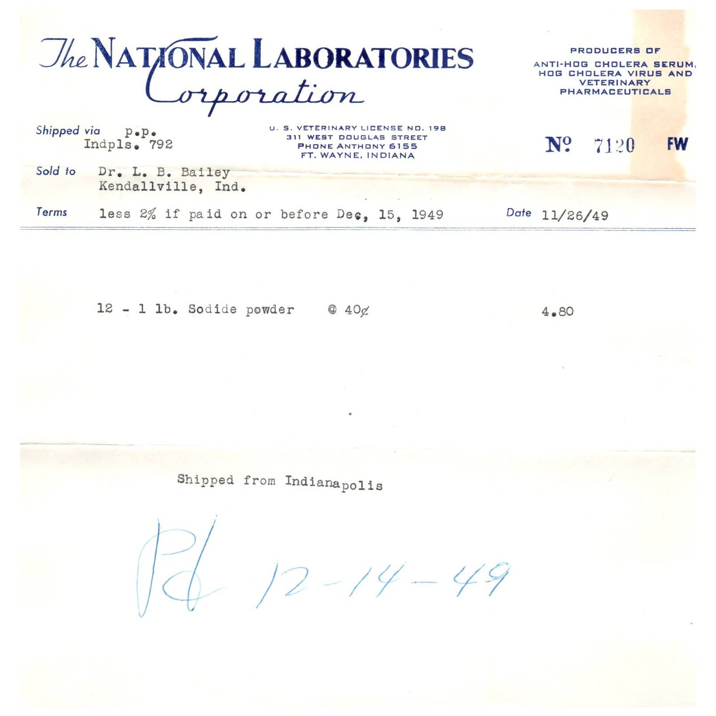 1949 The National Laboratories Corp Bill to Dr. L.B. Bailey Kendallville IN AD8-2